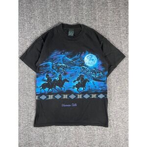 Vintage 90s Habitat Nature Wolf Eagle Graphic Wraparound T-Shirt Black Medium